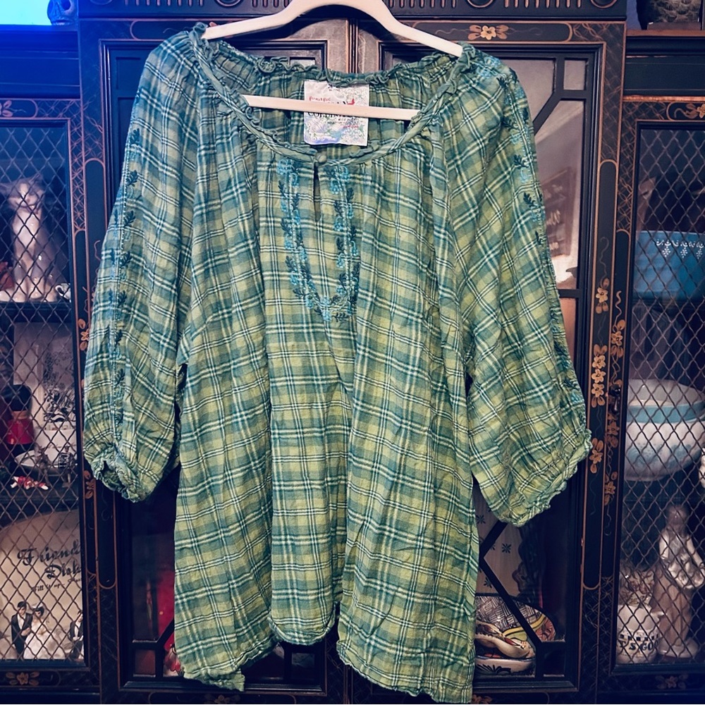 Perdian Chic Artisan Collection Green Cotton Plaid Embroirdered Top Size 26/28 - Picture 7 of 11